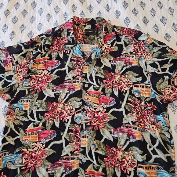 Izod Club Black Hawaiian Shirt L Aloha Car Print Retro 50s Style - Picture 4 of 8